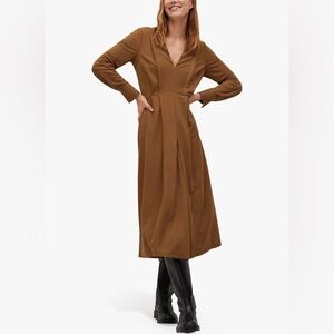 Mango Brown Pleated A-Line Dress with Cuffed Long Sleeves
